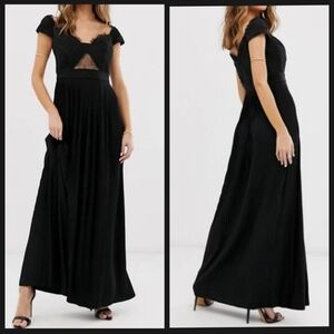 ASOS DESIGN Premium Black Lace And Pleat Bardot Maxi Dress